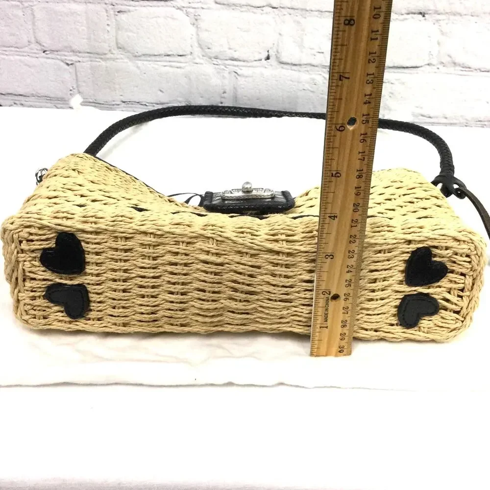 Brighton Cottagecore Cream Woven Straw Black Leather Braided Handle Baguette